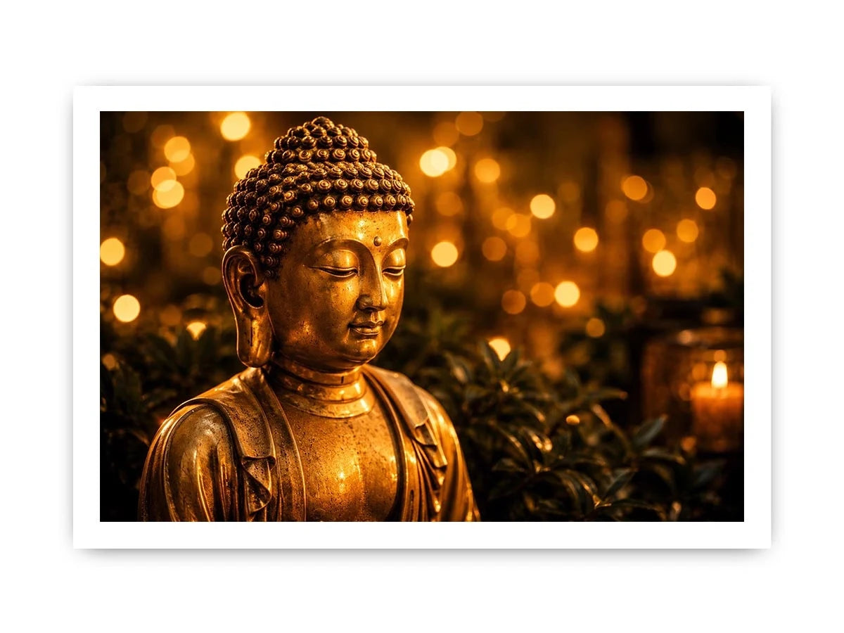 Golden Buddha wall art with glowing zen meditation lights and peaceful spiritual canvas print