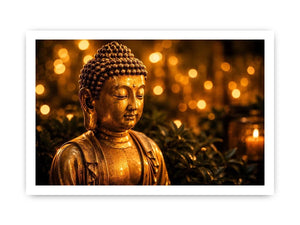 Golden Buddha wall art with glowing zen meditation lights and peaceful spiritual canvas print