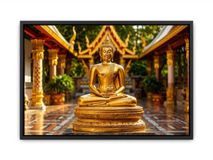 Golden Buddha temple wall art with serene meditation statue and luxury zen canvas print
