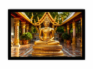 Golden Buddha temple wall art with serene meditation statue and luxury zen canvas print