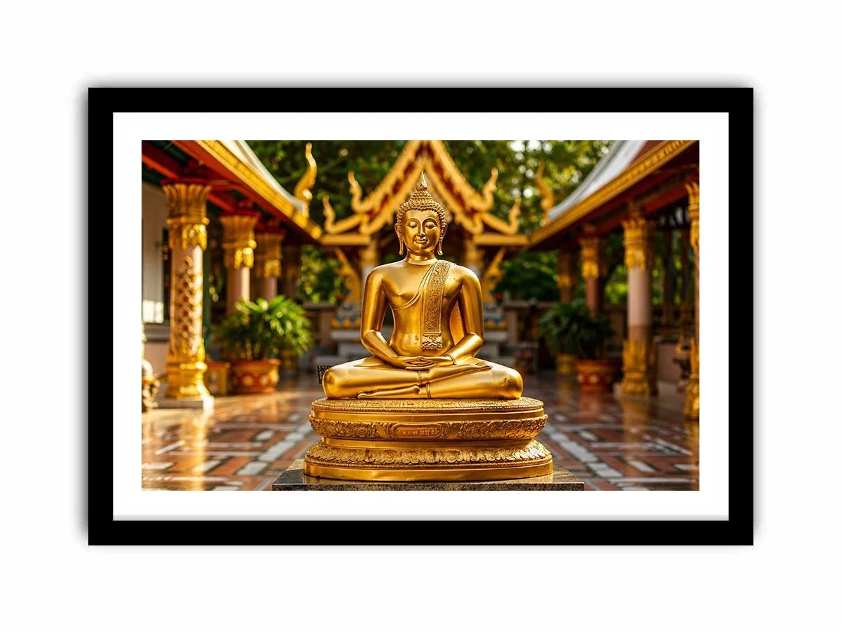 Golden Buddha temple wall art with serene meditation statue and luxury zen canvas print