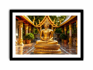 Golden Buddha temple wall art with serene meditation statue and luxury zen canvas print