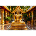 Golden Buddha temple wall art with serene meditation statue and luxury zen canvas print