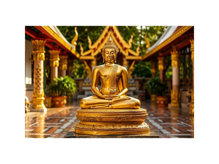 Golden Buddha temple wall art with serene meditation statue and luxury zen canvas print