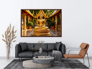 Golden Buddha temple wall art with serene meditation statue and luxury zen canvas print