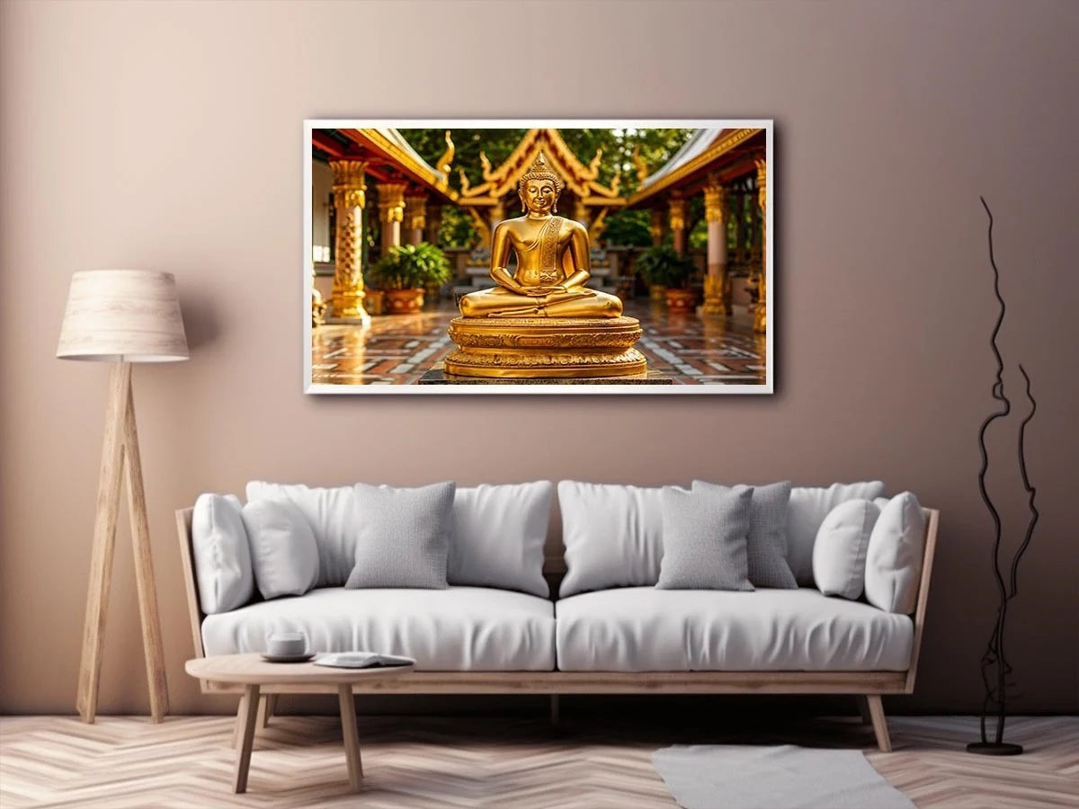 Golden Buddha temple wall art with serene meditation statue and luxury zen canvas print