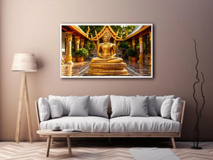 Golden Buddha temple wall art with serene meditation statue and luxury zen canvas print