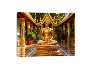 Golden Buddha temple wall art with serene meditation statue and luxury zen canvas print