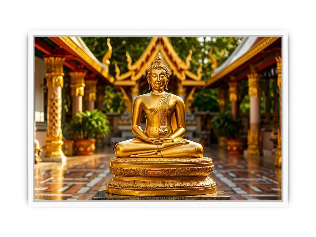 Golden Buddha temple wall art with serene meditation statue and luxury zen canvas print