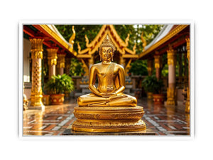 Golden Buddha temple wall art with serene meditation statue and luxury zen canvas print