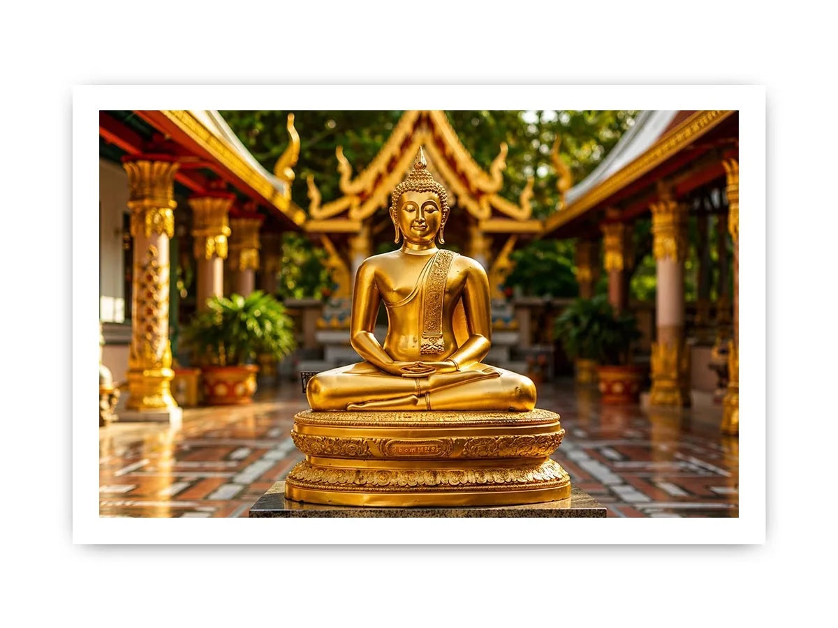 Golden Buddha temple wall art with serene meditation statue and luxury zen canvas print