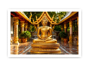 Golden Buddha temple wall art with serene meditation statue and luxury zen canvas print