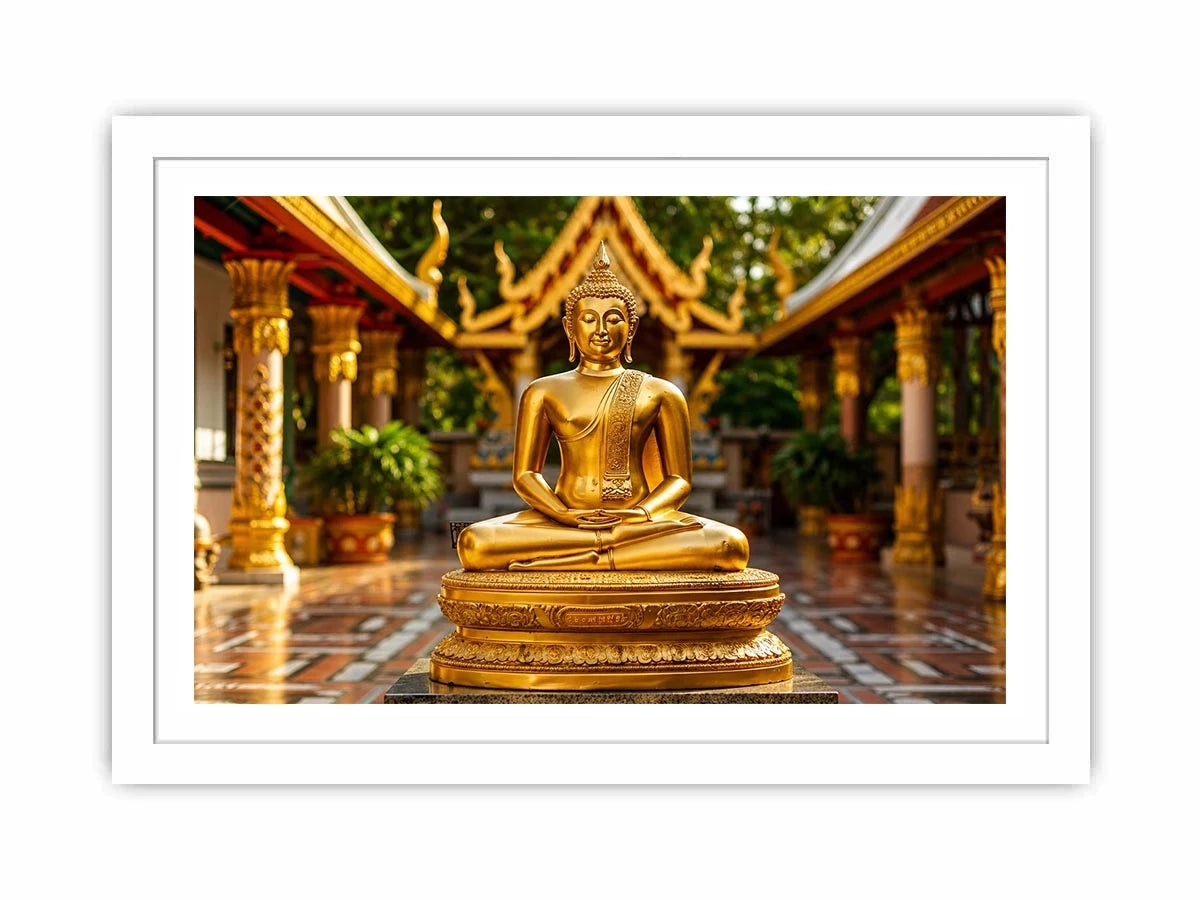 Golden Buddha temple wall art with serene meditation statue and luxury zen canvas print