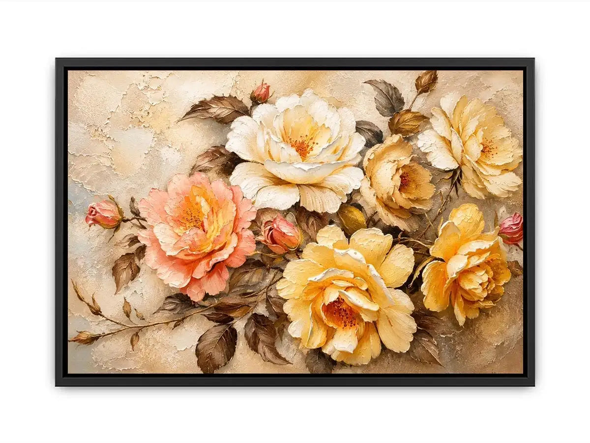 Vintage floral wall art with elegant roses and textured botanical canvas print