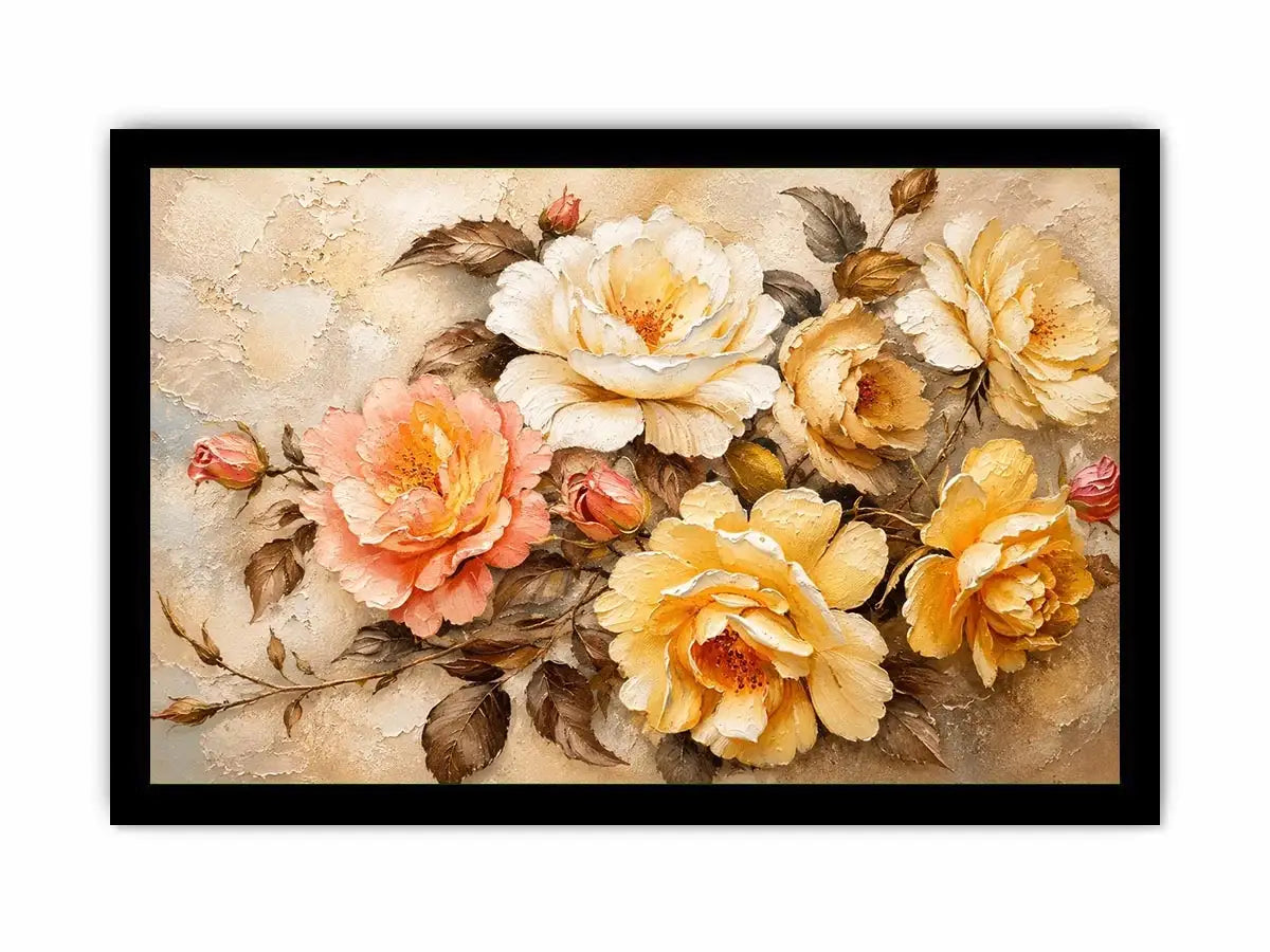 Vintage floral wall art with elegant roses and textured botanical canvas print