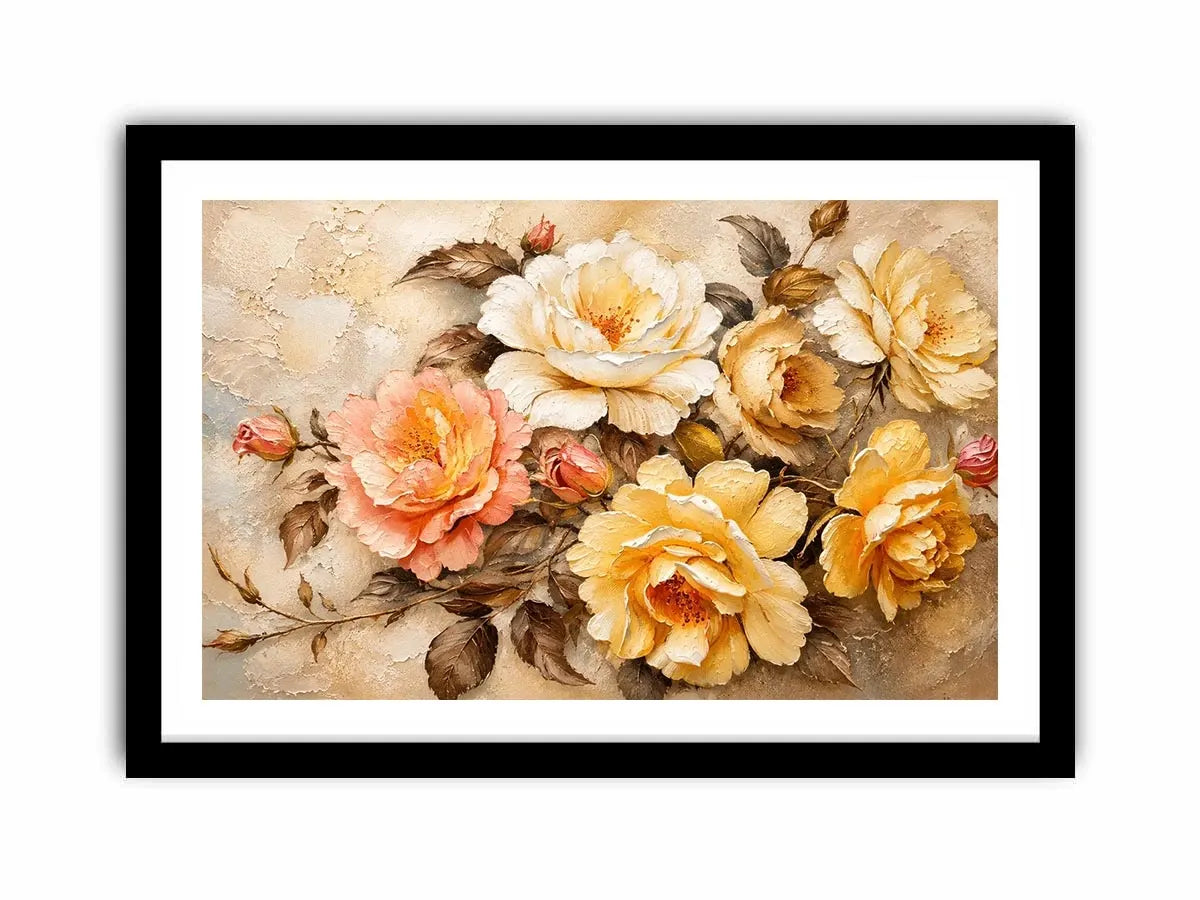 Vintage floral wall art with elegant roses and textured botanical canvas print