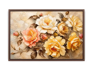 Vintage floral wall art with elegant roses and textured botanical canvas print