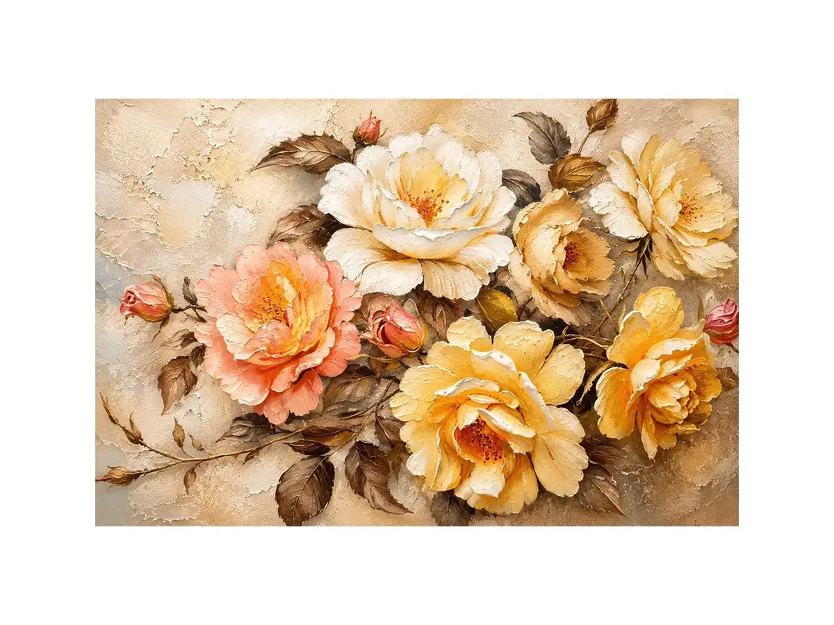 Vintage floral wall art with elegant roses and textured botanical canvas print