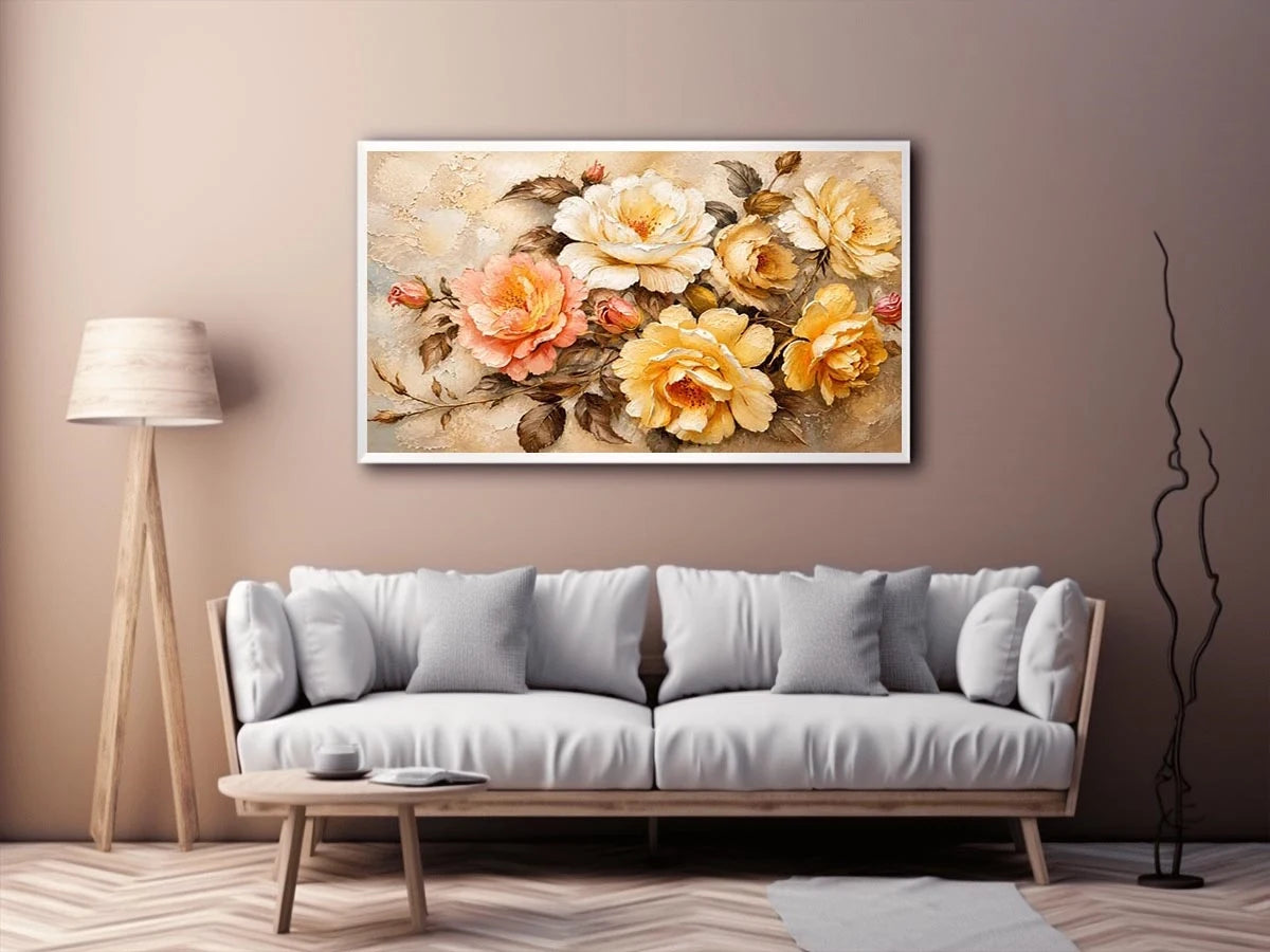 Vintage floral wall art with elegant roses and textured botanical canvas print