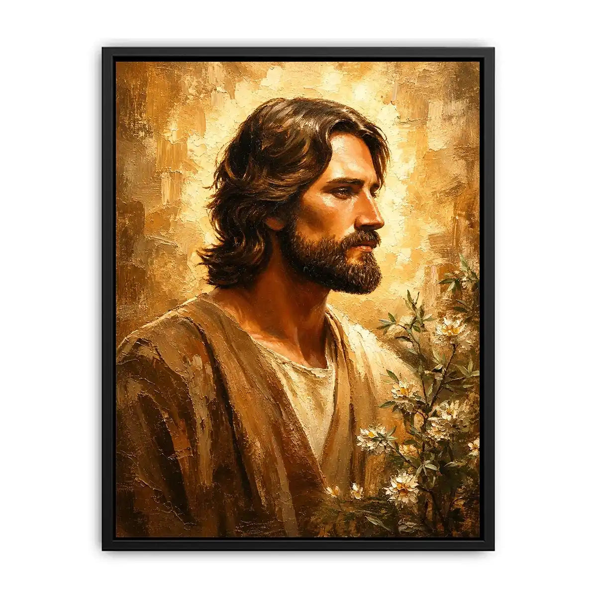 Warm earthy Jesus portrait wall art canvas painting with textured luxury modern interior aesthetic