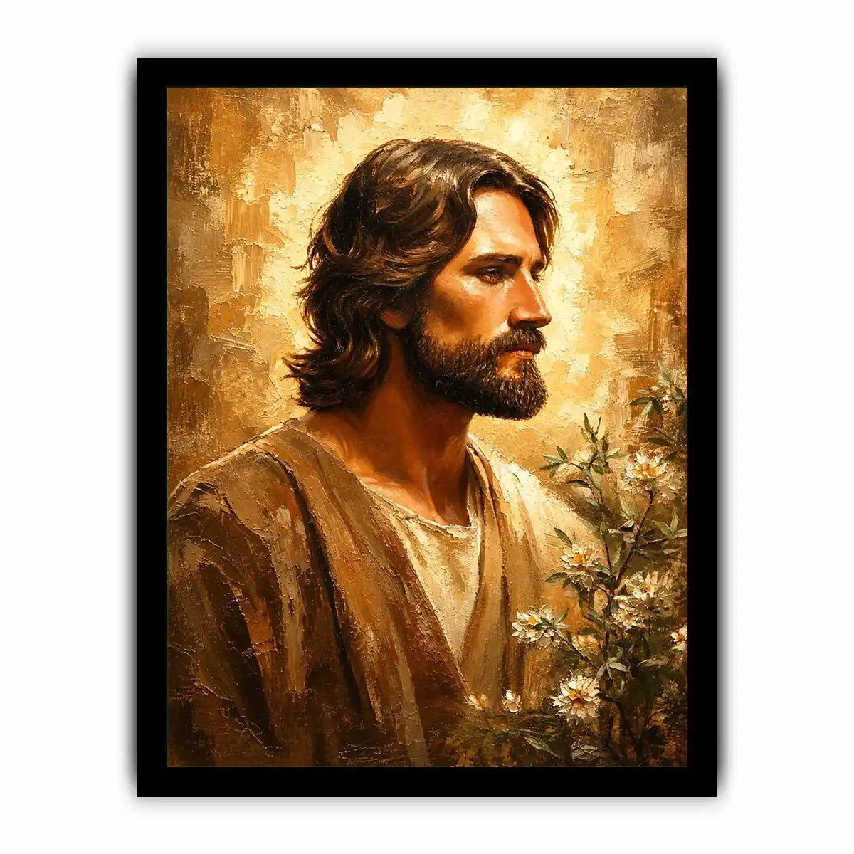 Warm earthy Jesus portrait wall art canvas painting with textured luxury modern interior aesthetic