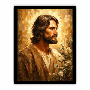 Warm earthy Jesus portrait wall art canvas painting with textured luxury modern interior aesthetic