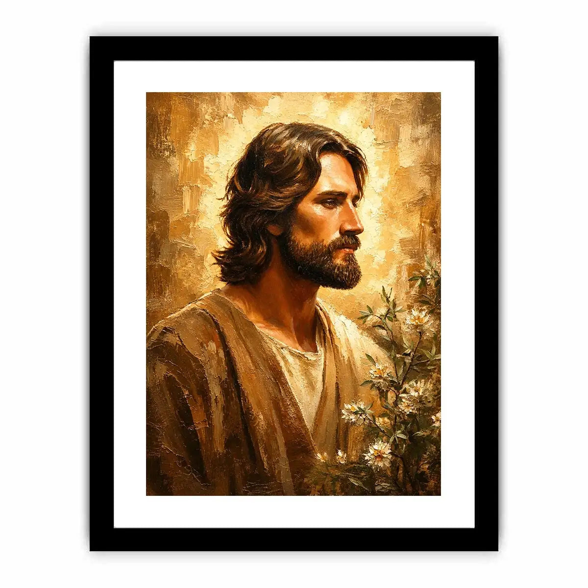 Warm earthy Jesus portrait wall art canvas painting with textured luxury modern interior aesthetic