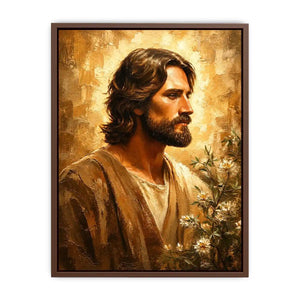 Warm earthy Jesus portrait wall art canvas painting with textured luxury modern interior aesthetic