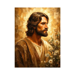 Warm earthy Jesus portrait wall art canvas painting with textured luxury modern interior aesthetic