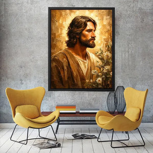 Warm earthy Jesus portrait wall art canvas painting with textured luxury modern interior aesthetic