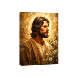 Warm earthy Jesus portrait wall art canvas painting with textured luxury modern interior aesthetic