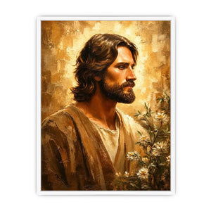 Warm earthy Jesus portrait wall art canvas painting with textured luxury modern interior aesthetic
