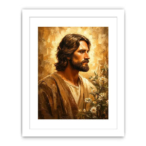 Warm earthy Jesus portrait wall art canvas painting with textured luxury modern interior aesthetic