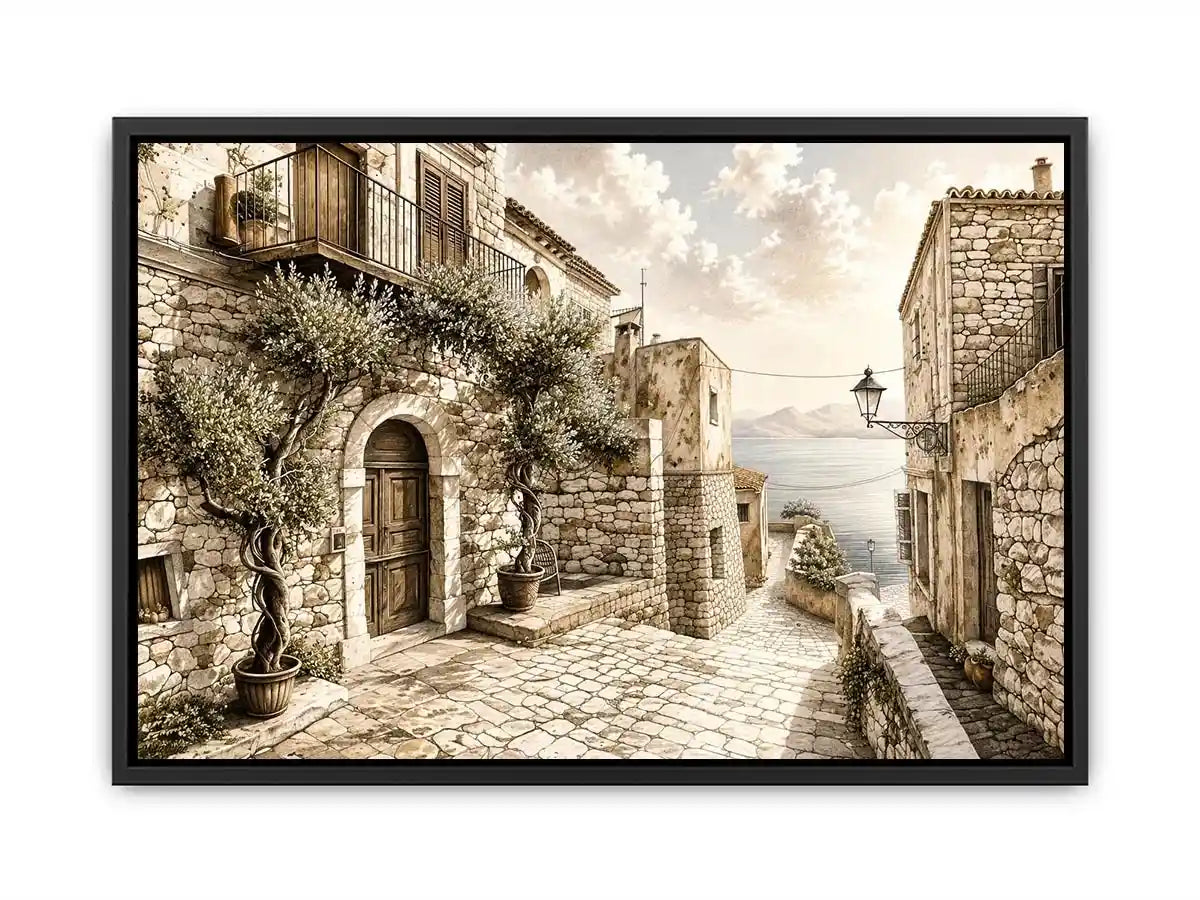 Mediterranean coastal village sketch wall art with rustic stone architecture and elegant monochrome landscape design