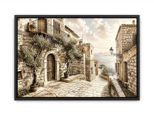 Mediterranean coastal village sketch wall art with rustic stone architecture and elegant monochrome landscape design
