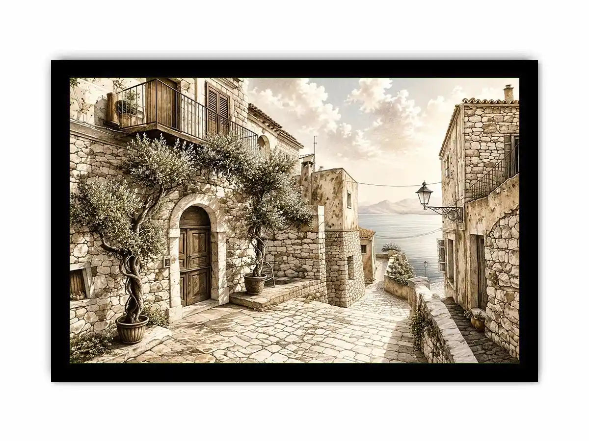 Mediterranean coastal village sketch wall art with rustic stone architecture and elegant monochrome landscape design