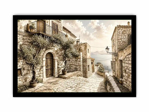 Mediterranean coastal village sketch wall art with rustic stone architecture and elegant monochrome landscape design