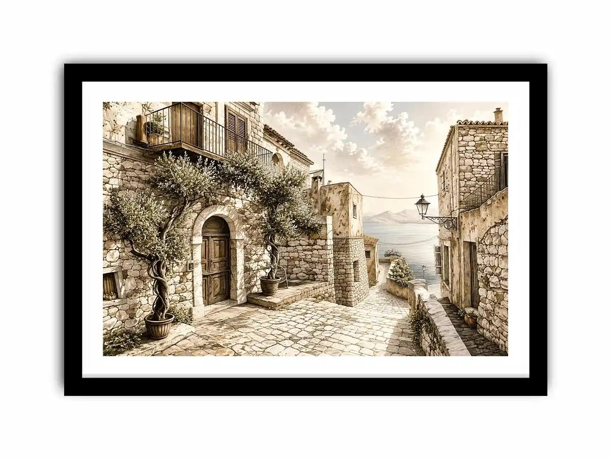 Mediterranean coastal village sketch wall art with rustic stone architecture and elegant monochrome landscape design