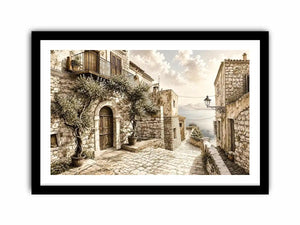 Mediterranean coastal village sketch wall art with rustic stone architecture and elegant monochrome landscape design