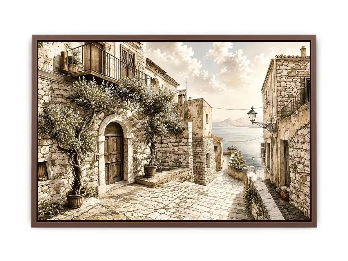 Mediterranean coastal village sketch wall art with rustic stone architecture and elegant monochrome landscape design