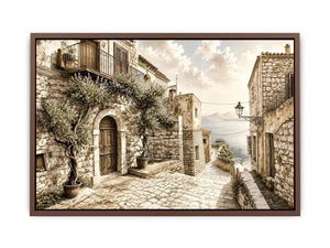 Mediterranean coastal village sketch wall art with rustic stone architecture and elegant monochrome landscape design