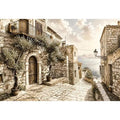 Mediterranean coastal village sketch wall art with rustic stone architecture and elegant monochrome landscape design