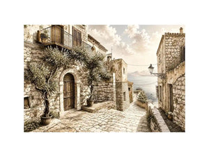 Mediterranean coastal village sketch wall art with rustic stone architecture and elegant monochrome landscape design
