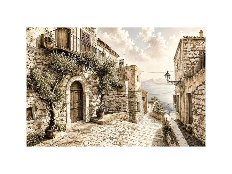 Mediterranean coastal village sketch wall art with rustic stone architecture and elegant monochrome landscape design