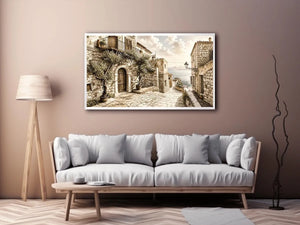 Mediterranean coastal village sketch wall art with rustic stone architecture and elegant monochrome landscape design