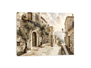Mediterranean coastal village sketch wall art with rustic stone architecture and elegant monochrome landscape design