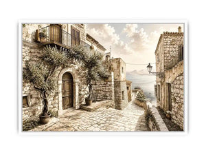 Mediterranean coastal village sketch wall art with rustic stone architecture and elegant monochrome landscape design