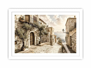 Mediterranean coastal village sketch wall art with rustic stone architecture and elegant monochrome landscape design