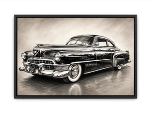 Vintage classic car sketch wall art with retro monochrome automotive illustration and luxury industrial interior style