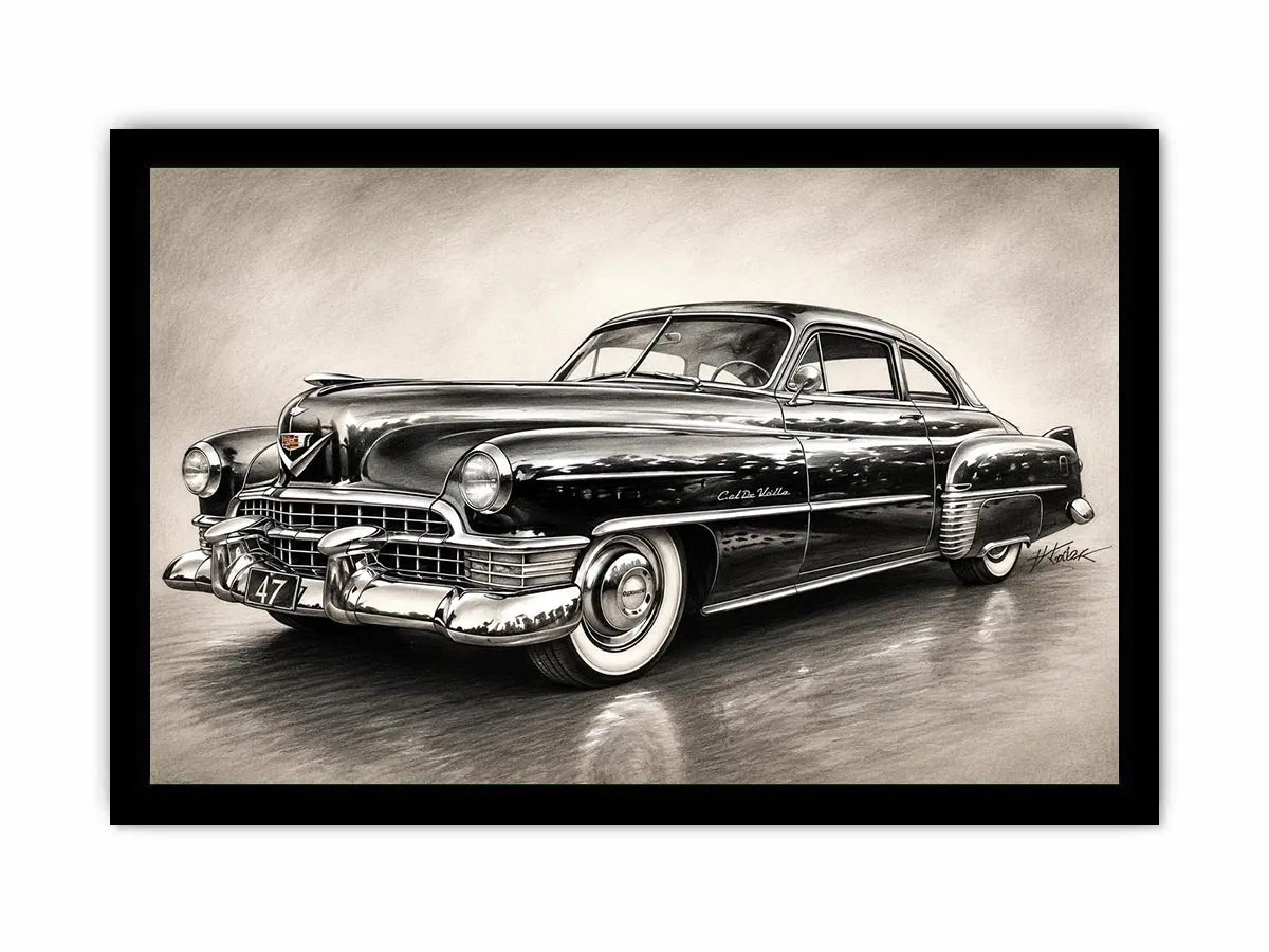Vintage classic car sketch wall art with retro monochrome automotive illustration and luxury industrial interior style